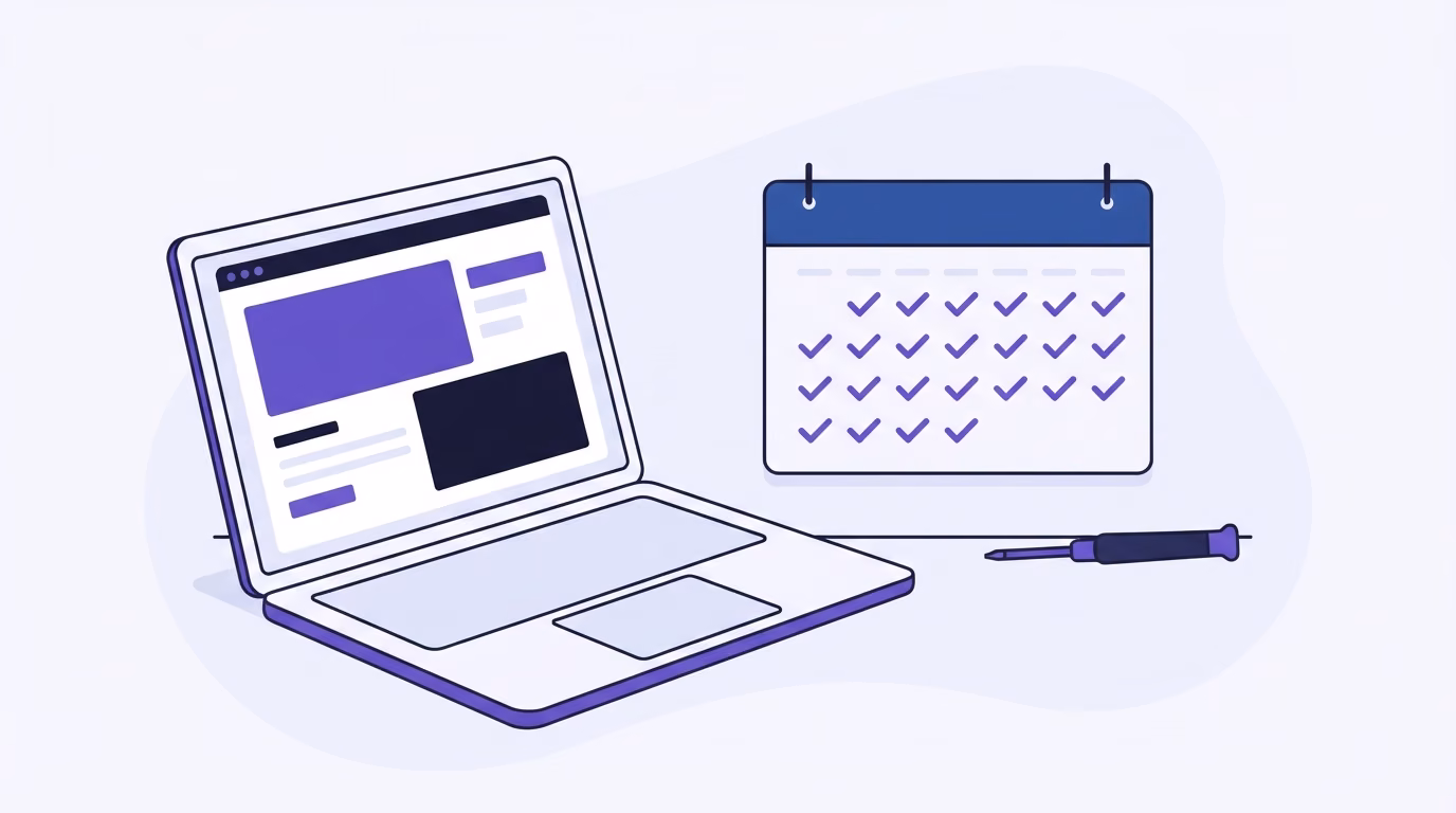 Laptop junto a un calendario con fechas de mantenimiento marcadas, ilustración de RenovaBit