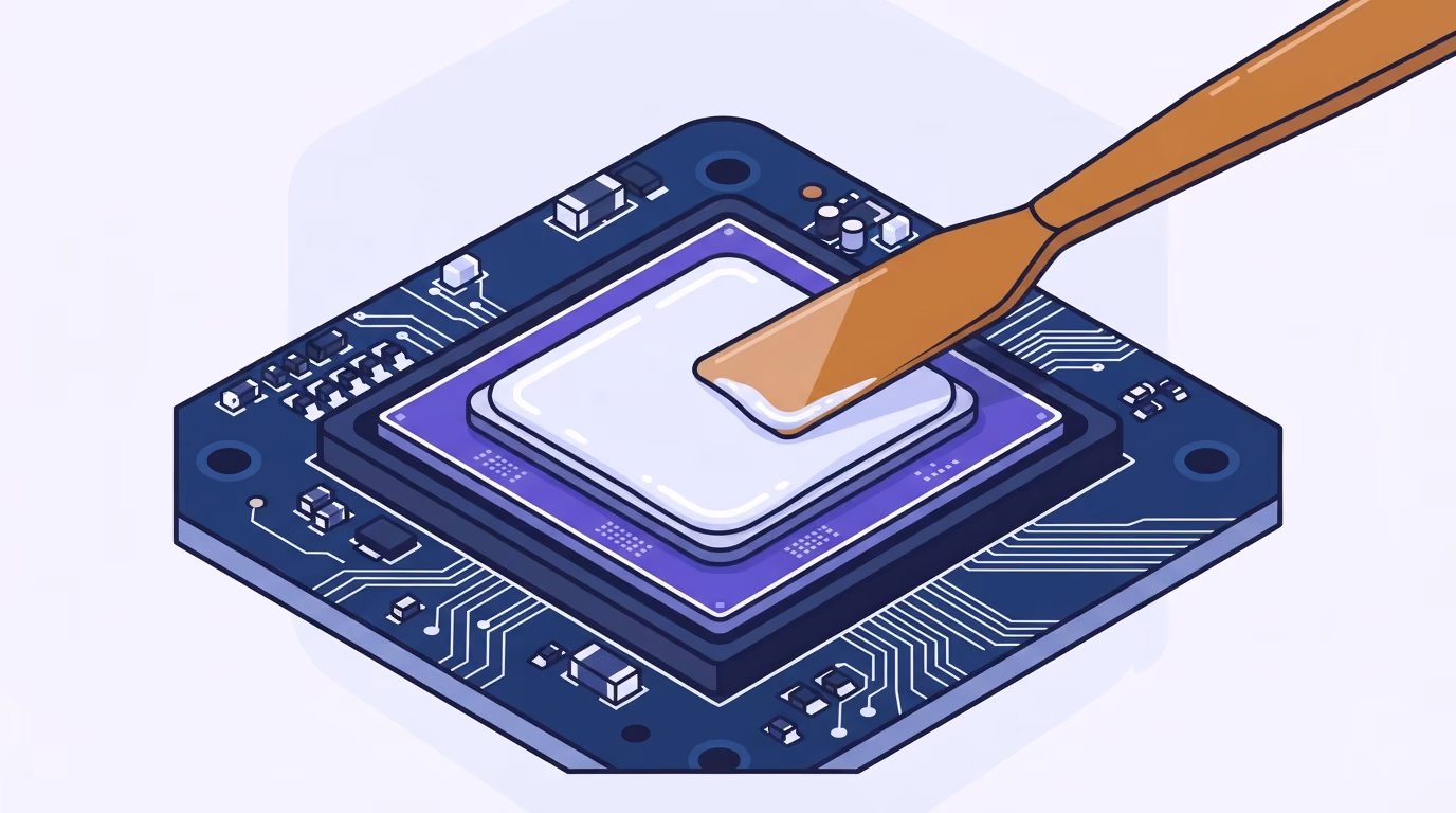 Aplicación de compuesto térmico sobre el chip de una consola, ilustración de RenovaBit