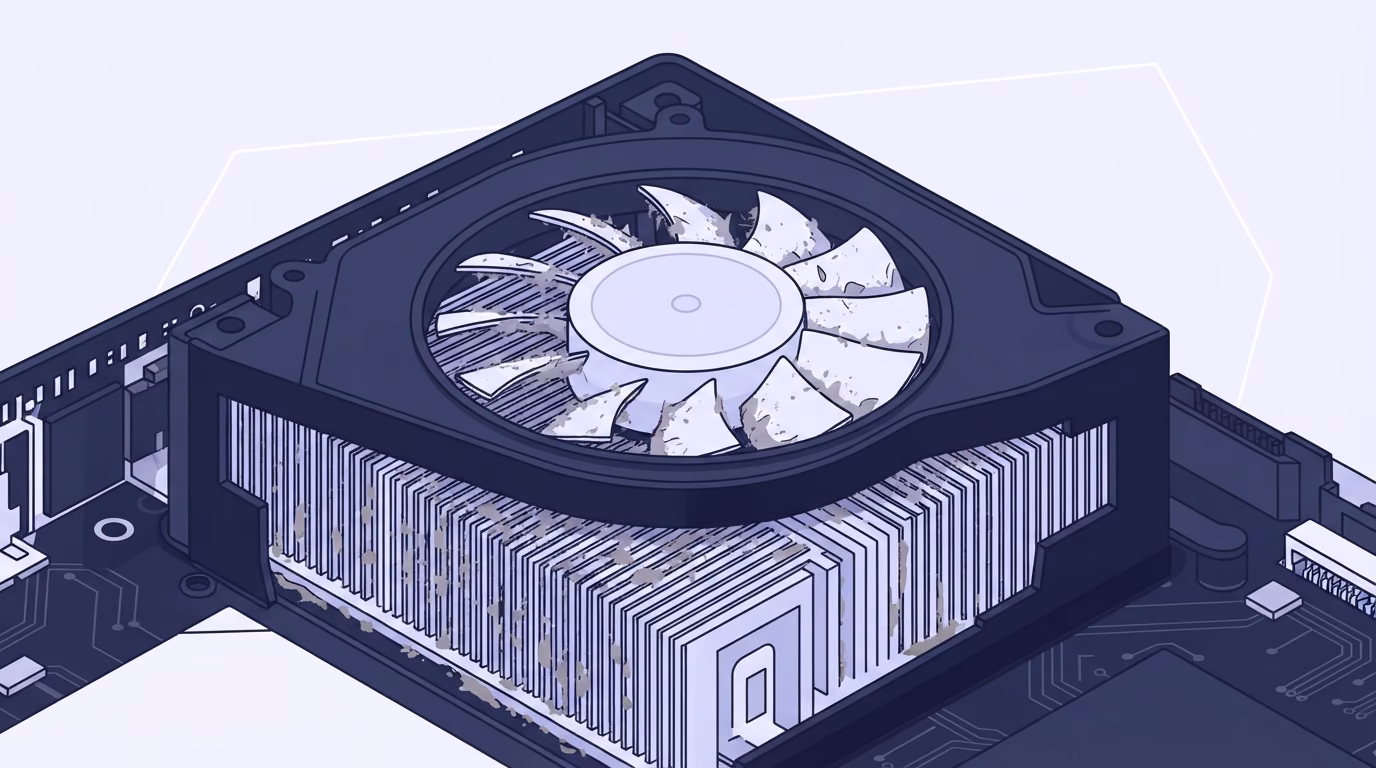 Ventilador de consola con polvo acumulado entre las aspas, ilustración de RenovaBit