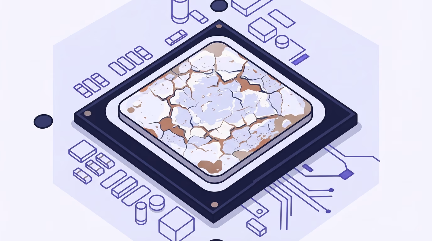 Pasta térmica seca y agrietada sobre el procesador de una laptop, ilustración de RenovaBit