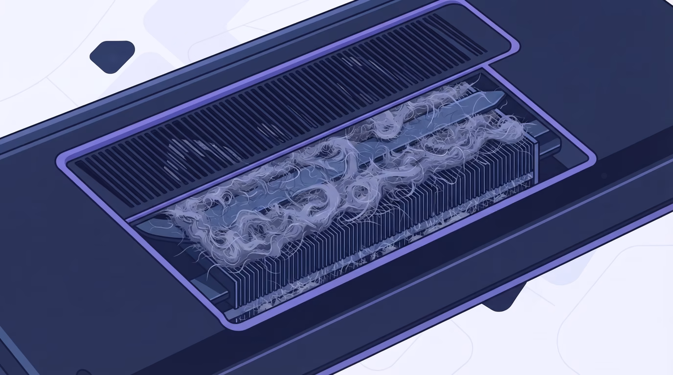 Rejillas de ventilación de una laptop obstruidas por polvo acumulado, ilustración de RenovaBit