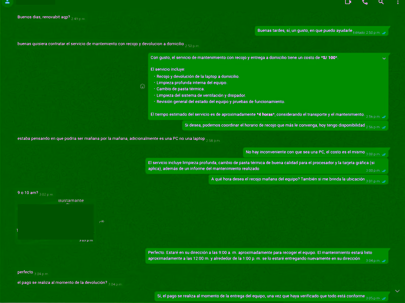Conversación de WhatsApp con cliente: coordinación de mantenimiento, recojo y entrega en RenovaBit