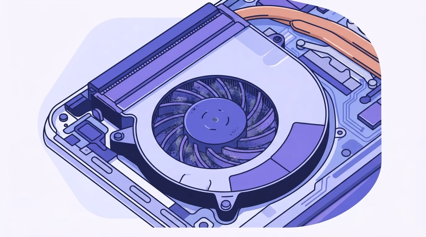Ventilador de laptop con polvo acumulado entre sus aspas, ilustración de RenovaBit